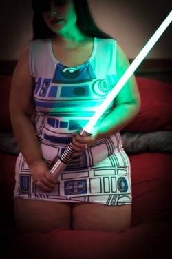 hipsncurvesplus:  yourfool77:  A nerd / geeks dream is to have a wife as supporting as hipsncurvesplus. She got my this light saber for Vday and I got her the dress for just the hell of it.  yourfool77 I aim to please… hugs to all!