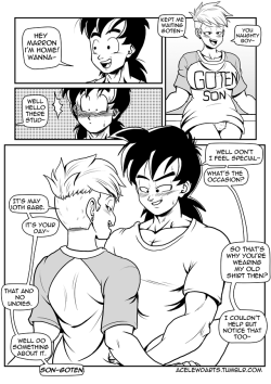 askswolmarron:  Marron: “I hope you know this is just round one~” Goten: “Was about to say the same to you~”  HAPPY GOTEN DAY!!! — Admin: Yes, this comic is canon &gt;u&gt;  hello~ &lt; |D’‘‘‘‘‘