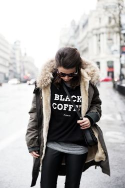 justthedesign:  Fashion Street Style Kookai Parka And Pull And Bear Sweatshirt Via Fashion Indie
