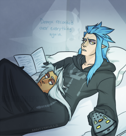 mintyskulls:  Day 2 of XemSai week. Decided to go with if they got they had more domestic commodities like TVs and didn’t have to wear their coats 24/7 (hence an org coat snuggie thing)Do not reproduce or trace. Do not repost without proper credit.