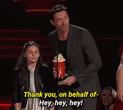marvel-is-ruining-my-life:  Hugh Jackman and Dafne Keen accept the MTV Movie Award for Best Duo for Logan 