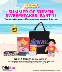 The CNShop is having a Summer of Steven giveaway! This week you can enter to win a prize pack consisting of: Cast Seatbelt Belt, Quest for Gem Magic Hardcover Book, Steven’s Star Socks, Mr. Universe Two-sided Tote Bag, and Steven Large Plush!You must