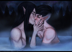 OC kissing week is drawing to an end, and though I don’t multiship I wanted to join in on the fun. So here are my two favorite elves enjoying some of Skyrim’s natural resources.Vikrolomen belongs to me / Vincialem belongs to @mazokhist