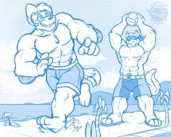 buizilla: Sketch Commission for @chibibuizel featuring KingDead Nothing like a little beach time for some big buffs! 