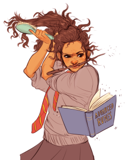 batcii:   Anonymous said: u should totally draw some poc!hermione bein cute man. like readin in her books or tryin 2 tame her wild hair or having to put up with ron and harry.  hermione bein cute and multitasking while she gets dressed or s/t woo