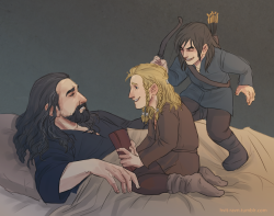 hvit-ravn:   seasoned-fan-girl asked you: There are two things I would love to see - 1) Thorin attempting to sleep, and not doing so well, as the very young Kili and Fili sprawl out on the bed (I can give you references); and 2) Just for giggles, Kili