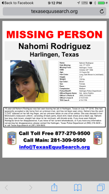 officialsmokescreen:  officialsmokescreen:  officialsmokescreen:  MISSING PERSON ALERT!!!  Nahomi’s been missing for nearly two weeks now.  If you’ve seen her then please contact Harlingen PD.  Her family and friends miss her dearly.  UPDATE: Lamar