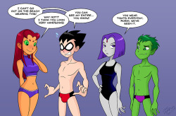 bold-n-brash: The Teen Titans are ready to hit the beach but Robin is a little concerned that his new swimsuit leaves little to the imagination.  The other Titans don’t seem to mind though. I was in the mood to do a Teen Titans drawing and whipped