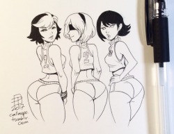 dacommissioner2k15:  grimphantom2:  callmepo:   “Nice set!”  Tiny doodle of Gogo, Yorha 2b, and Ashi.  Having a hard time sleeping… so I draw.   Indeed!  Dat Trio!!!…or should I count those butt cheeks and call them: “Dat Sexytuplet!!!”