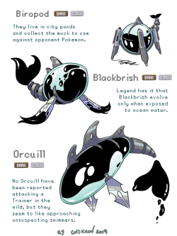 chekhovdraws:  Some fakemon designs from earlier in the year. It was really fun thinking of these, and I’m quite proud of this whole line in general. Pokemon belongs to Nintendo! Please don’t repost. 