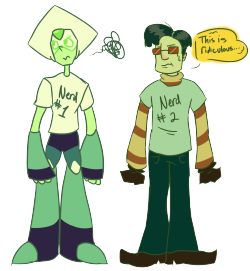 goggaliciousraz:  lifetakesyoubythehair The two green nerds meet, and they’re wearing matching t-shirts (Milla and Steven forced them to put on the shirts)