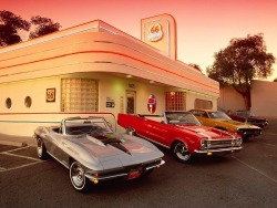 hotrodzandpinups:  67 vette, 67 Plymouth Belvedere and 71 Road Runner and a 65 Goat way in the back 