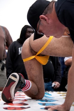 bannock-hou:  yellow jock is Alessio Romero, Green jock is Conner Habib, from the Folsom Street Fair in San Fran. playing naked Twister in public. see more Conner here; CONNER HABIB