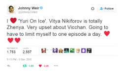 I knew Johnny would absolutely love YOI once he watched it, but this is an even better declaration than I imagined &lt;3“Zhenya” is of course, Evgeni Plushenko :)P.S. He has been live-tweeting as he watches!In case you missed it, Johnny already knows