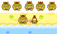 oxnards: Beach Bowser and Beach Bowser Jr. - For you and Matsutzu (sprites and BG from Superstar Saga and Partners in Time) Haha aww, he looks great in his speedo! &gt;:3 It ain’t too hard to make it canon, Nintendo!  Oh wow, I’m honored if the sketch