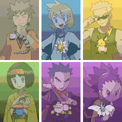 iliveinaboxofpaints:  bosq:  Gym Leaders / Grass Starters / Fire Starters / Water Starters / Ghost Type / Dragon Type / Eevelutions / Bear Trio - Ripped by X  omg WAT