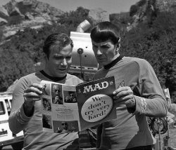 vintageeveryday:  Leonard Nimoy​ and William Shatner​ reading a MAD Magazine​, 1967. 