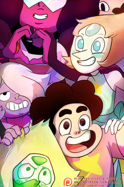 nillia:  Together Selfie: One year later. After the episode “Together Breakfast”, I did a picture called “Together Selfie.”  Garnet is stoic, Amethyst is making a goofy face, and Pearl is reprimanding Amethyst as Steven happily takes the photo.
