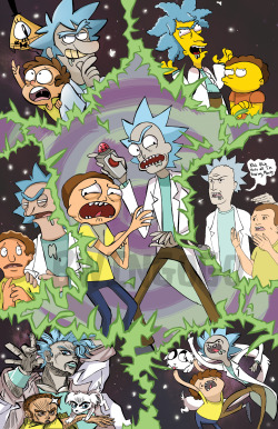 wingogo:  Posting at stupid o’clock at night!! Rick and morty print for Momocon. Come by and say hi!!! I tried to do a bunch of styles but the anime one is like some bizarre mix of Jojo and Yugioh oops 