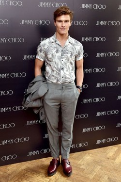 lookpicturefashion:  Oliver Cheshire  A master class in how to mix high street and designer by the model, at the Jimmy Choo presentation – the suit and shirt are from Reiss and Zara and the shoes are Jimmy Choo. 