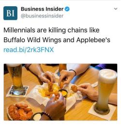siderealsandman:  imploder:  parlezvousladybug:  buffythevampiregayer:  criminaljustish:  theblackmillennial:  destinyrush:  We should stop buying iPhones and eating avocado toasts so we can buy diamonds, houses and eat at BWW and Applebee’s   Their