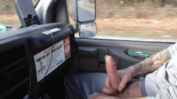 hornedup420:  lovecircumcisedmen:  A horny tattooed dude jacking off and ejaculating his hot cock in car.  Looks like he’s in a u haul to me