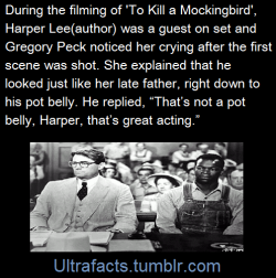 ultrafacts:     He reminded her so much of her father that she saw his pot belly even when there wasn’t one. As though while Peck was shooting the scene Lee actually saw her father there instead of Peck. (Fact Source) Follow Ultrafacts for more facts