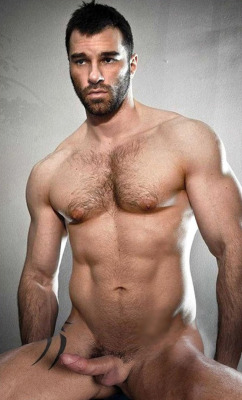 manly-muscular-machos:  FULL-FRONTAL HUNK:  The appeal of his ripped torso and hairy chest is heightened by the erect penis protruding below…   MALE GAZE: Manly Muscular Machos and More!