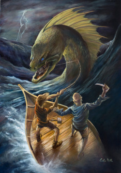 colinnitta:  &ldquo;Thor and the World Serpent.&rdquo; I have completed my latest painting in my Norse series, “Thor and the World Serpent.” In Snorri Sturluson’s “Prose Edda”, Thor and the giant Hymir embark on a fishing trip. Thor, using the