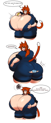 eikasianspire:  One of the ideas I have with Tabby focuses on how her weight tends to fluctuate from time to time. I figure it generally when she eats of a lot of ice cream during the Summer. So she ends up a tad chubby and her flightsuits can’t take