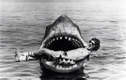Steven Spielberg smiling and relaxing in the jaws of Bruce the Shark.