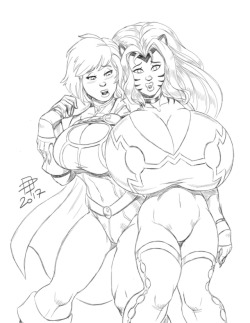 pinupsushi: callmepo:  Sketch commission for @ironbloodaika of Power Girl apprehending Mighty Endowed… and experiencing a little breast envy as well.  The bras is on the other chest so to speak…   Oh yes, there is a topless version as well.  