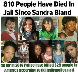 bellygangstaboo:   Since Sandra Bland’s death July 13, 2015 over 810 people have died in Jail. That’s not including inmates who died in prison, and not including numbers from jails who keep data private. Last July five Black women were found dead