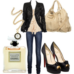 fashionfever:  Items in this set: Wavy Frill Front Blouse, ็MARC JACOBS, 800 EURVictoria Beckham Denim Washed-finish super skinny jeans, 跇Christian Louboutin High Satin Peep Toes with Knot, 535 GBPLeather Buckle Shoulder Bag, 赊