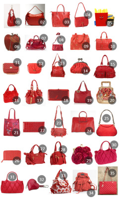 fuckyeahwhatsinyourbag:  OPPS! I went a little nuts and ended up with 35 red bags! Now there’s black number dots everywhereeee! *stares at them* o1. Fresh Leaves Shopper o2. Leather Heart Charm Hobo o3. Mango Large Square Shopper Bag o4. Simply perfect