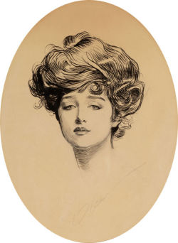 suicideblonde:  The Gibson Girl by Charles Dana Gibson The Gibson Girl was the personification of a feminine ideal as portrayed in the satirical pen and ink illustrated stories created by illustrator Charles Dana Gibson during a 20-year period spanning
