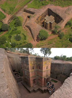 zombiekookie:  jesusswiftfoot:  iheartmyart:  Church of St. George in Lalibela, Ethiopia Church carved out of rock in 1220. See it on Google Maps.   I plan to see this with my own eyes.  wow