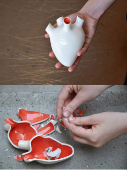 creemakeslove:  anditslove:  Corezone is a ceramic heart-shaped vessel that you can place your thoughts, feelings and emotions into. Write them down on pieces of paper and put them inside. You must then physically break your own heart to free them.  Kinda