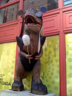 thestephaniefkaye:  They dressed up the dinosaur in front of my school (AIP) in celebration of mamma monster’s first visit to Pittsburgh this Sunday.  It even says on the window “The Art Institute of Pittsburgh welcomes Lady Gaga.” 