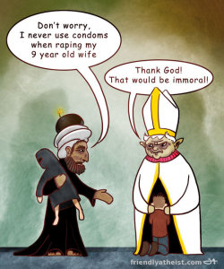 ih8religion:   shitigotbanned: Never use condoms when you rape your child-bride. That would be immoral.  This cartoon really hits the nail on the head. Don’t keep the faith,I H8 RELIGION  Tumblr | Forum | Twitter | Facebook | Email 