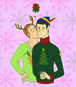 lamamama:  Have some Kirk and Spock mistletoe action, as requested by…pretty much everyone…set at an Enterprise Ugly Sweater Party that exists only in my head.  Reblogging for ugly Christmas sweaters.