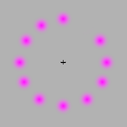  If your eyes follow the movement of the rotating pink dot, the dots will remain only one colour - pink. However if you stare at the black “ ” in the center, the moving dot turns to green. Now, concentrate on the black “ ” in the center of