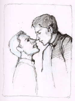 more Priest!Cas and Possessed!Dean from the fic I&rsquo;m stewing over. Starting sketch I&rsquo;m going to work off of digitally now. Hopefully. x___x;