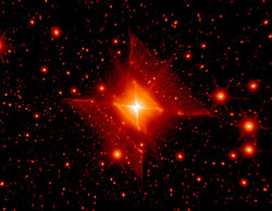 inothernews:  HIP TO BE SQUARE   The hot star system known as MWC 922 appears to be embedded inside a square-shaped nebula.    The above image combines infrared exposures from the Hale Telescope on Mt. Palomar in California, and the Keck-2 Telescope