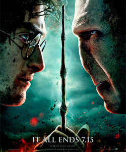 twizzlerzzz:   The first poster for Harry Potter and the Deathly Hallows - Part 2 has been released! It depicts Harry and Voldemort face to face with one wand between them.  At the bottom it reads “It all ends 7.15”. (source: Mugglenet)  Why do you