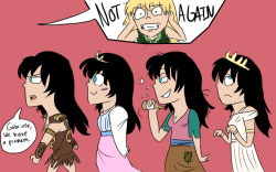 Xena, Diana, Meg, and Leah.  And an angry Bard.   Drawn by me