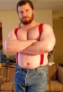 jeffsmen:  Yes, I like his red suspenders, but it’s the good humor of his face that really attracts my attention.  Suspenders? Yes. Beefy and Muscled? Yes. Bearded? Yes.
