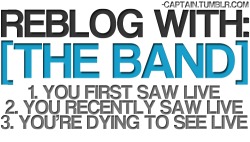 ohfaerie:  refinerysun:  1. Nsync 2. Devo 3. Rancid  1. AFI 2. Foxboro Hot Tubs (a year ago -_-) 3. Green Day  1.  The Used2.  Say Anything/Motion City Soundtrack/Saves the Day3.  My Chemical Romance 