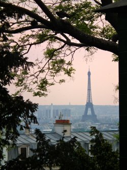 newsweek-paris-france:  The Eiffel Tower at dusk, seen from among the pigeons of Montmartre. From an Easter Walk to Montmartre on Rues de Paradis 