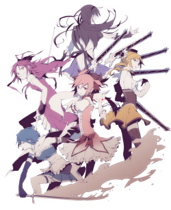 alliterate:  [image: fanart of Homura, Mami, Madoka, Sayaka, and Kyōko from Puella Magi Madoka Magica. all five girls are in their Puella Magi costumes and they’re all facing in different directions with their backs to each other, stances suggesting